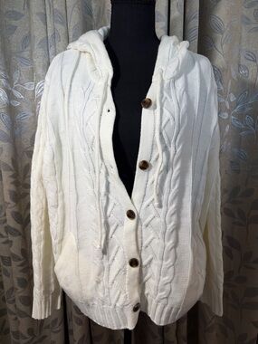 Button-Front Cable Knit Hooded Cardigan - Cream